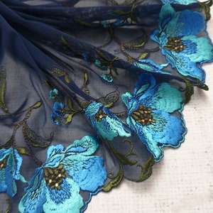 1 m de borda única de flor azul bordada em renda de tule marinho - 19 cm / 7-1/2 ", guarnição de renda, guarnição de renda bordada, confecção de sutiã, loja no Reino Unido