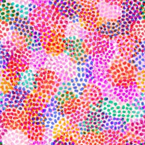Puede incluir: Patrón abstracto sin costuras con un diseño colorido, vibrante y texturizado. El patrón presenta una variedad de pequeñas formas redondas en tonos de rosa, rojo, naranja, amarillo, verde, azul y morado. Las formas están dispuestas en un patrón aleatorio y superpuesto, creando una sensación dinámica y enérgica.