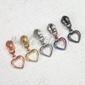Metal Zip Slider with Metal Hollow Heart Zipper Pull - #5 zip slider for Size 5 bag zip, Gold, Silver, Gunmetal, Rainbow, Rose Gold UK shop
