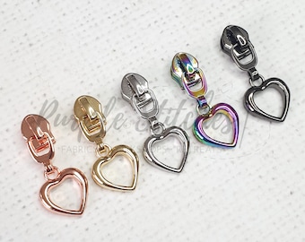 Metal Zip Slider with Metal Hollow Heart Zipper Pull - #5 zip slider for Size 5 bag zip, Gold, Silver, Gunmetal, Rainbow, Rose Gold UK shop