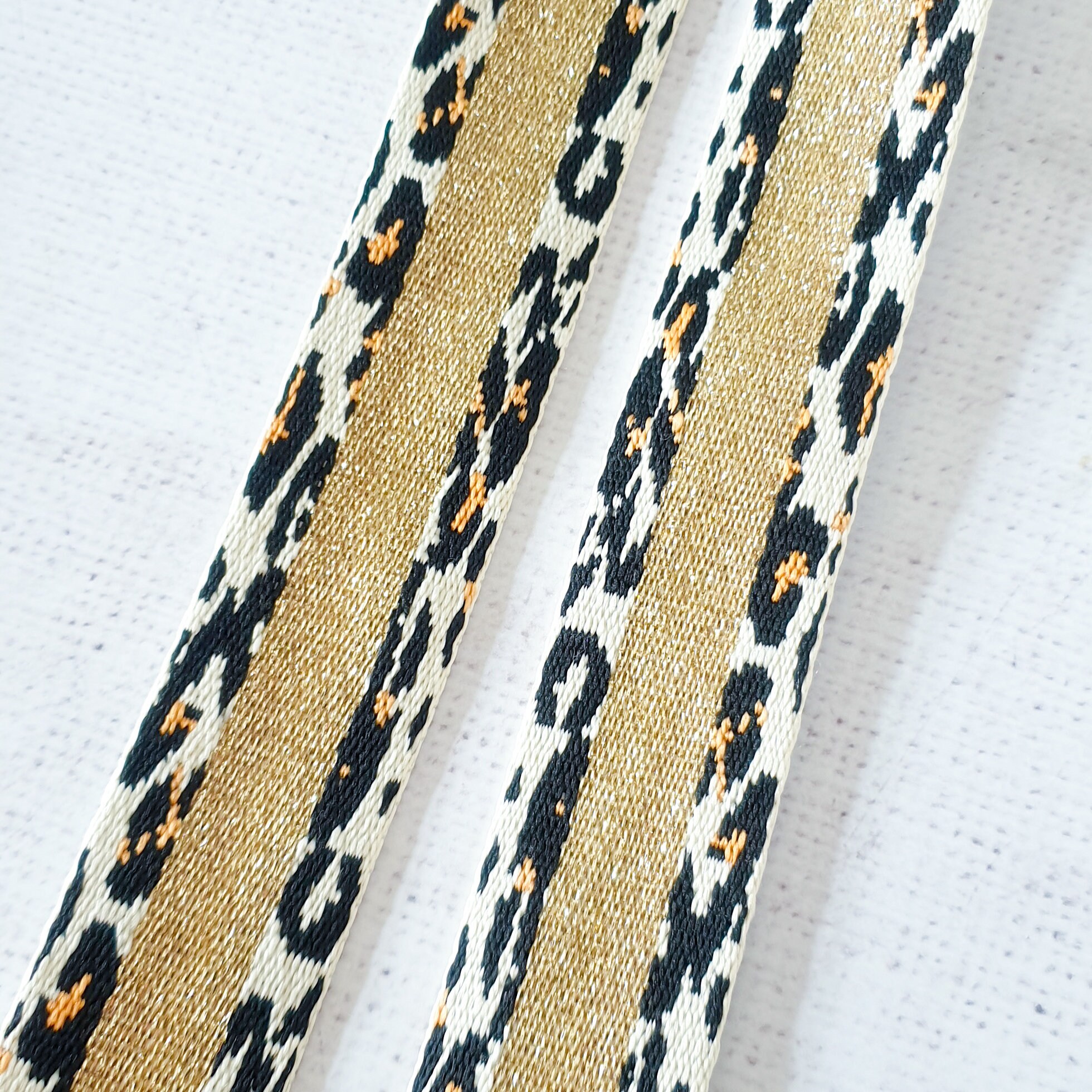 Webbing Cream 1.5 Inches / 38mm Polyester Webbing CREAM Leopard With Gold Metallic ...