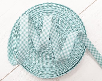 Cinta al bies de 1/2" con doble pliegue - Verde menta vichy 100% algodón - por metro (Reino Unido)