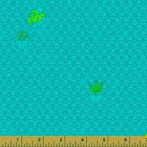 May include: A turquoise blue fabric with a repeating pattern of small green triangles. The fabric has a green leaf design in the upper left and lower right corners.