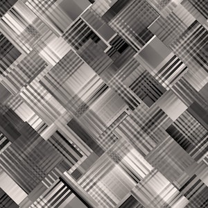 Può includere: Motivo geometrico astratto con quadrati e rettangoli grigi e bianchi sovrapposti. Il motivo è creato utilizzando una varietà di tonalità di grigio e bianco, e i quadrati e i rettangoli sono disposti in uno schema diagonale.