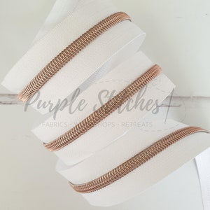 White Zipper Tape with Rose Gold Coil Teeth - #5 Zip, Size 5 Zipper by the metre, UK Shop