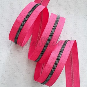 Hot Pink Zipper Tape with Gunmetal Coil Teeth - #5 Zip by the metre, UK Shop