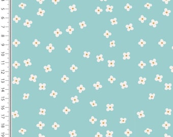Könnte beinhalten: Ein hellblauer Stoff mit einem weißen Blumenmuster. Die Blumen sind zufällig über den Stoff verteilt.