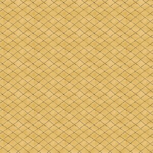 May include: A close-up shot of a textured, golden-yellow fabric with a repeating diamond pattern. The pattern is created by thin, dark lines that intersect to form the diamond shapes. The fabric has a slightly aged or vintage appearance.