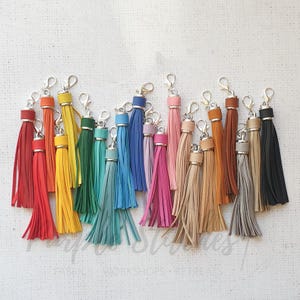 May include: A collection of 16 colourful leather tassels with silver clasps. The tassels are arranged in a rainbow pattern, with red, orange, yellow, green, blue, indigo, and violet tassels.
