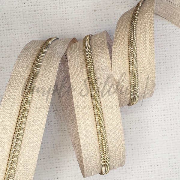 Light Beige Zipper Tape with Light Gold Coil Teeth - #5 Zip, Size 5 Zipper by the metre, UK Shop