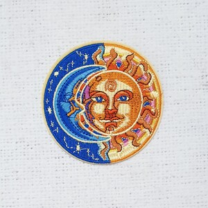 Sun & Moon Iron-On Patch, Celestial Star Badge, sew on badge, embroidered applique patch, visible mending, diy patch, UK Shop