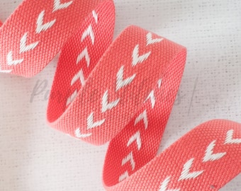1.5 inches / 38mm Viscose-Cotton Mixed Webbing - SALMON Pink with WHITE Arrows 1.9mm thick bag strap heavy duty belts bag making UK shop