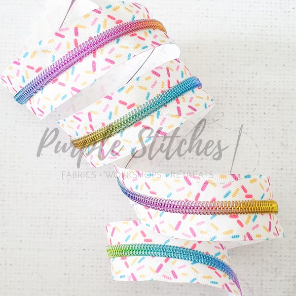 Multicolour Sprinkle Zipper Tape with Metallic Bright Rainbow Colour Coil Teeth - #5 Zip by the metre,  Zipper Tape UK Shop