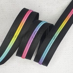 Black Zipper Tape with Bright Rainbow Colour Coil Teeth - #5 Zip by the metre, UK Shop