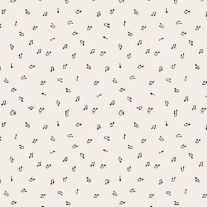 May include: A seamless pattern of black musical notes on a light beige background.