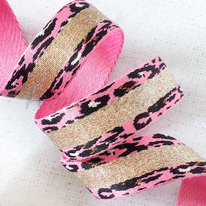 1.5 inches / 38 mm Polyester Gurtband PINK Leopard mit Gold Metallic 2 mm dicker Taschengurt strapazierfähig Gurtband Gürtel Taschenbau Shop