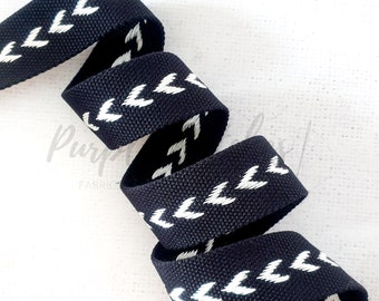1.5 inches / 38mm Viscose-Cotton Mixed Webbing - BLACK with WHITE Arrows 1.9mm thick bag strap heavy duty webbing belts bag making UK shop