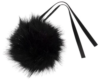 GLITTER BLACK 11 cm Pompon en fausse fourrure avec liens en ruban | Pompon duveteux amovible pour chapeaux, bonnets, écharpes, accessoires de crochet et de tricot