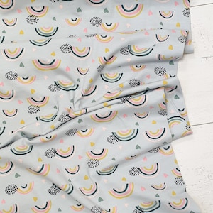 Heart and Rainbow on Grey - Organic Cotton Jersey by quarter metre cotton jersey dressmaking UK Shop