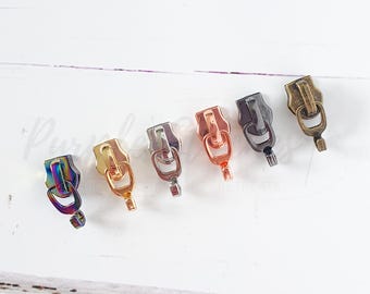 Metal Zip Slider with Metal OPEN HOOK Zipper Pull - #5 zip slider for Size 5 bag zip, Gold, Silver, Gunmetal, Rainbow, Rose Gold UK shop