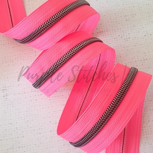 Fluorescent Pink Zipper Tape with Gunmetal Colour Coil Teeth - #5 Zip, Size 5 Zipper by the metre, UK Shop