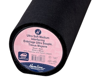 May include: A roll of black Ultra Soft Medium interfacing fabric. The label reads "Ultra Soft Medium Interfacing, Entoilage Ultra Souple, Tissus Moyens, Black / Noir, 25mtr x 90cm, 50% Polyester 50% Nylon / 50gsm, HN119, Iron-on Thermocollant, Made in China, 12 seconds".