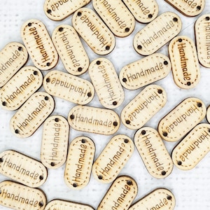 24mm wooden 'handmade' tag oval tag, handmade tag, 2 holes wood button embellishment button craft Supplies scrapbook, doll making UK shop