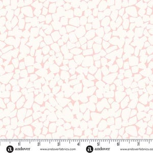 May include: A fabric with a repeating pattern of irregular, off-white shapes against a soft pink background. The design resembles a mosaic or a collection of pebbles, creating a textured visual effect. The fabric is suitable for various craft and sewing projects.