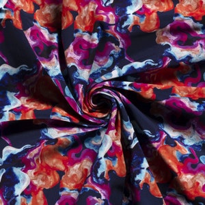 Floral Ripple Navy - Matt softshelltyg med fleecebaksida, vattenavvisande, kappatyg i kvartsmeter, klädsömnadsbutik i Storbritannien