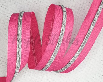 Bright Hot Pink Zipper Tape with Silver Colour Coil Teeth - #5 Zip, Size 5 Zipper by the metre, UK Shop