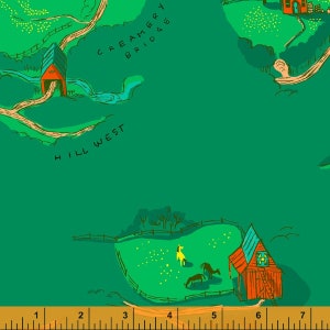 May include: A whimsical illustration of a rural landscape with a vibrant green background. The scene includes a red barn, a bridge labeled "Creamery Bridge," and the text "Hill West." The image features a yellow horse and two brown horses grazing in a fenced pasture.