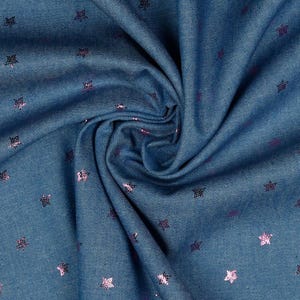 Star Foiled Jeans - Bleached Blue Denim, washed jean fabric 120gram/m2, jeans fabric cotton by quarter metre dressmaking UK Shop 02563.001