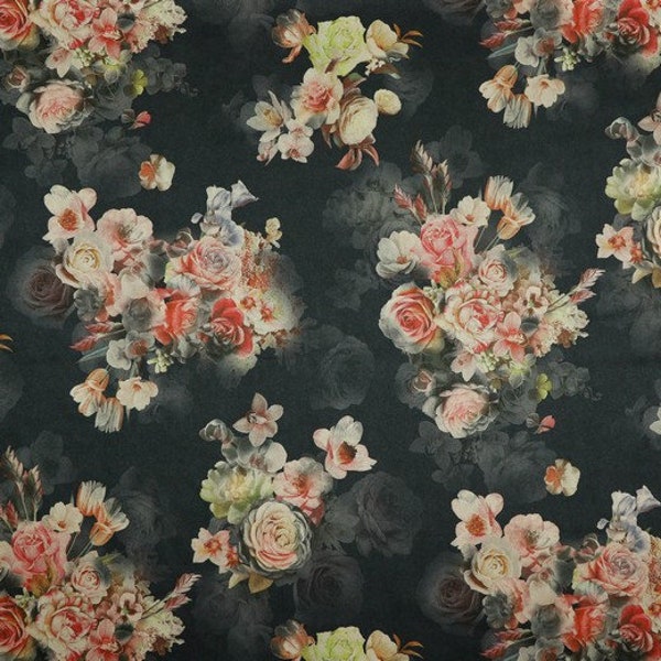 Scuba Suede Pink Floral bouquet on black Stretch scuba by quarter metre  dressmaking UK Shop