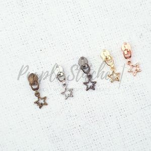 Metal Zip Slider with Metal Twin Stars Zipper Pull - #5 zip slider for Size 5 bag zip, Gold, Silver, Gunmetal, Rainbow, Rose Gold UK shop
