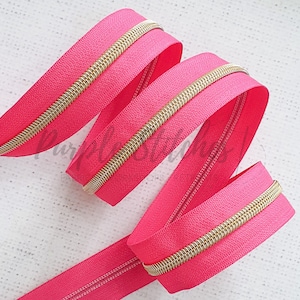Hot Pink Zipper Tape with Light Gold Coil Teeth - #5 Zip by the metre, UK Shop