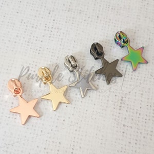 Metal Zip Slider with Metal Star Zipper Pull - #5 zip slider for Size 5 bag zip, Gold, Silver, Gunmetal, Rainbow, Rose Gold UK shop