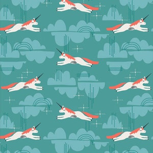 May include: A teal blue background with a repeating pattern of white unicorns with pink manes and horns flying through the air. The unicorns are flying over white clouds with black polka dots and black lines. There are also small white stars and black plus signs scattered throughout the pattern.