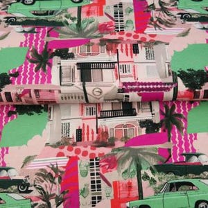 Vintage Miami Pink | Digital Printed Cotton Jersey | by quarter metre cotton jersey dressmaking UK Shop