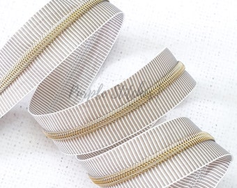 Taupe Grey Zebra Zipper Tape with Light Gold Colour Coil Teeth - #5 Zip by the metre, Zipper tape, Stripy Zipper Tape UK Shop