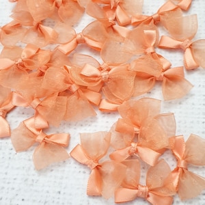 May include: A selection of small, peach-coloured bows. Each bow features a satin ribbon centre and sheer, delicate wings. The bows are scattered across a textured white surface, creating a soft, feminine aesthetic. Suitable for craft projects.