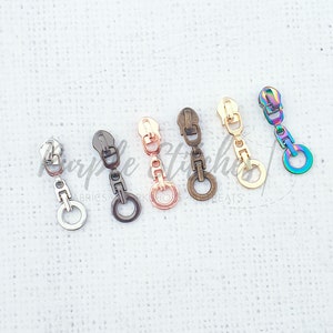 Metal Zip Slider with Metal Hollow Circle Zipper Pull - #5 zip slider for Size 5 bag zip, Gold, Silver, Gunmetal, Rainbow, Rose Gold UK shop