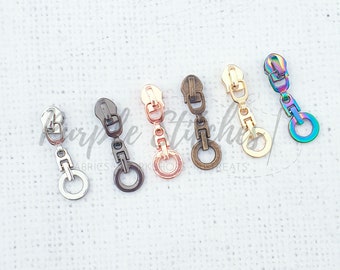 Metal Zip Slider with Metal Hollow Circle Zipper Pull - #5 zip slider for Size 5 bag zip, Gold, Silver, Gunmetal, Rainbow, Rose Gold UK shop