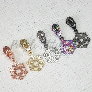 Metal Zip Slider with Metal Snowflake Zipper Pull - #5 zip slider for Size 5 bag zip, Gold, Silver, Gunmetal, Rainbow, Rose Gold UK shop