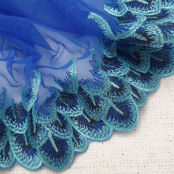 1m of ROYAL BLUE Feather Embroidered Single Edge Lace trim - 23cm / 9 inches, Wide lace trim, Feather Lace Trim, bra making, UK Shop