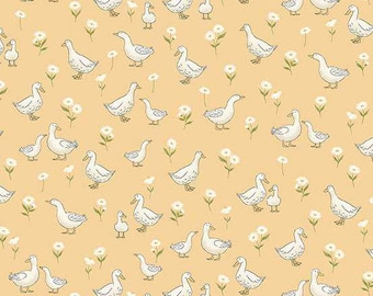 May include: A repeating pattern featuring white ducks and ducklings with floral accents on a light orange background. The ducks are illustrated in a simple, line-art style, creating a whimsical and charming design.