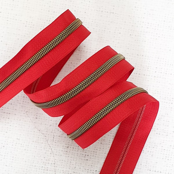 Red Zipper Tape with Antique Brass Colour Coil Teeth - #5 Zip, Size 5 Zipper by the metre, UK Shop