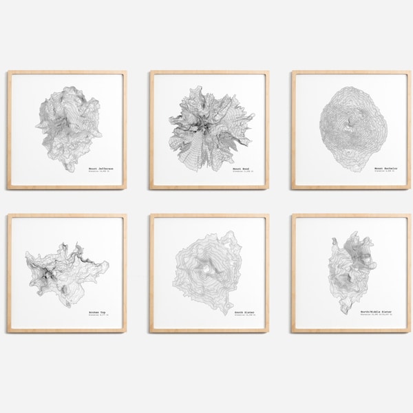 Oregon Mountains Topographic Map Art Print Set -  Hood Bachelor Three Sisters Broken Top Jefferson