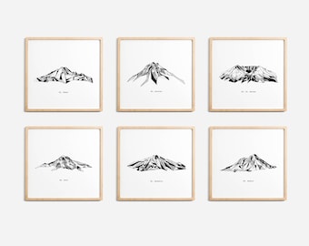 Cascade Range Mountains Polygonal Drawings Art Print Collection - Rainier Helens Baker Hood Bachelor Shasta