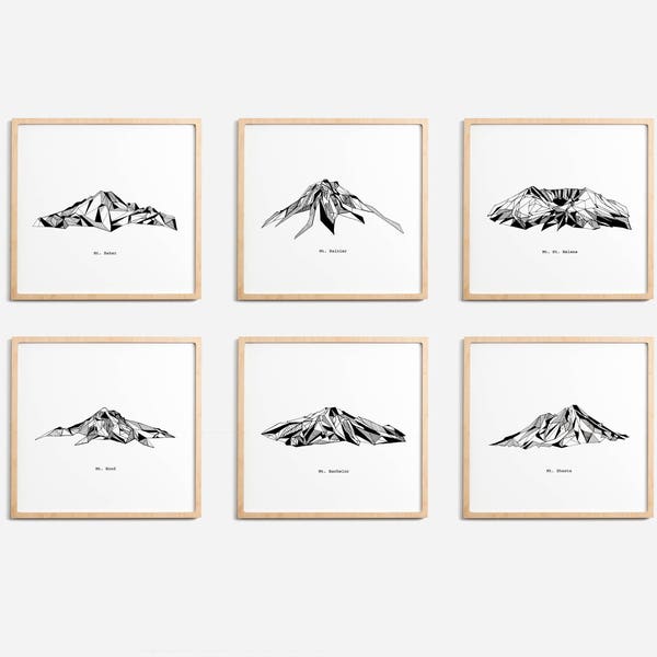 Cascade Range Mountains Polygonal Drawings Art Print Collection - Rainier Helens Baker Hood Bachelor Shasta