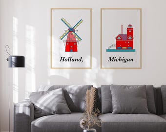 Holland Michigan Print Set – Windmill Island & Big Red Lighthouse Illustrations (Archival Paper) Colorful